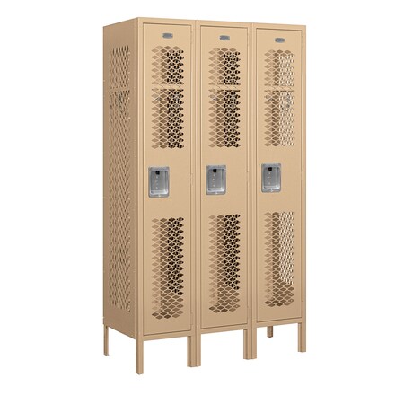 Salsbury Industries 1 Tier Vented Locker, 36"Wx66"Hx15"D, 3 Door, Tan, Assembled 71355TN-A